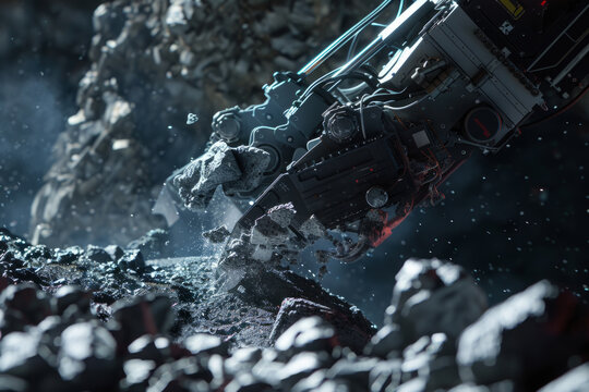 A close-up shot of a robot mining valuable minerals from the surface of an asteroid