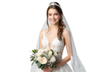 A beautiful young bride stands majestically wearing a luxurious wedding gown holding a bouquet of flowers isolated on a transparent background
