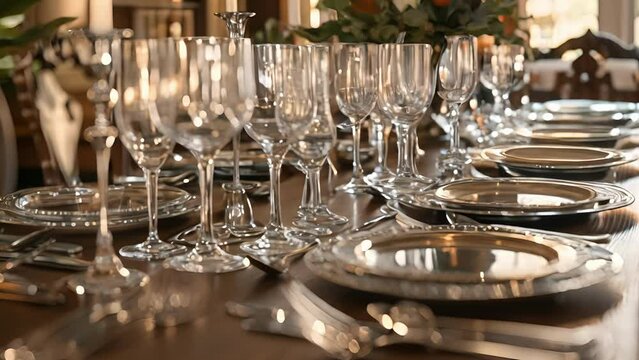 An assortment of shimmering silverware and sparkling stemware perfectly aligned on the table ready for a formal Thanksgiving dinner with family and friends.