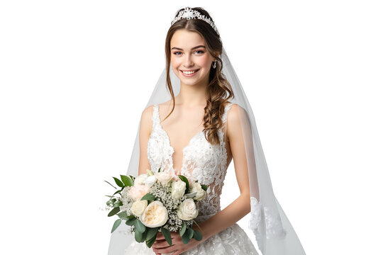 A beautiful young bride stands majestically wearing a luxurious wedding gown holding a bouquet of flowers isolated on a transparent background