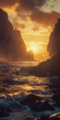 Sunset Over a Mysterious Island Background - Breathtaking sunset over a mysterious island with silhouettes of ancient statues lining the cliffs in Golden Hour created with Generative AI Technology