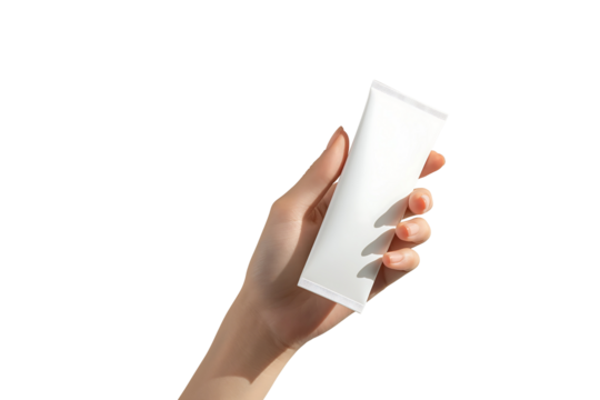manicured hand is holding a products for comparison isolated on a transparent background