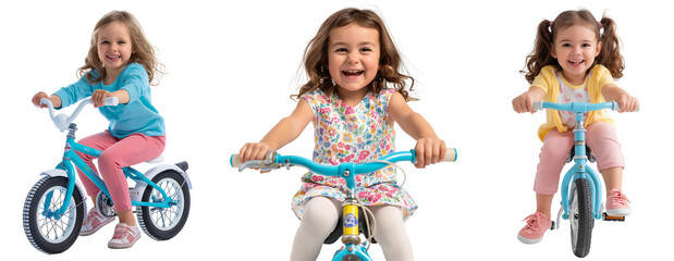 set of a cheerful little girl wearing her bright casual outfit smiles widely as she rides her beloved blue bicycle