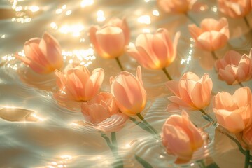 Elegant tulips in full bloom, floating on a peaceful pond bathed in sunlight Peach tulips floating gracefully on water with soft sunlight reflections
