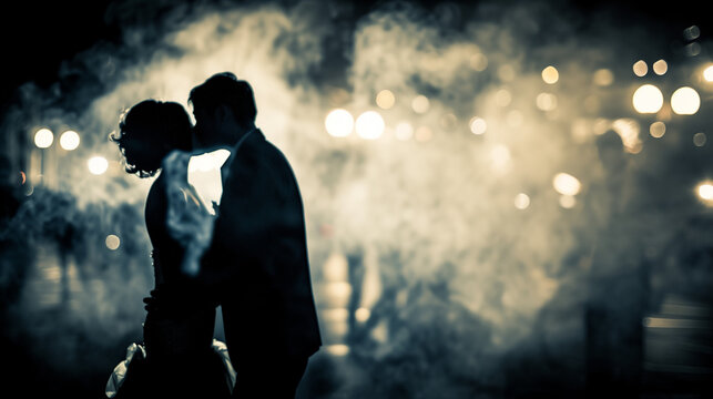 A black and white photograph captures the silhouettes of a bride and groom sharing a kiss against a smoky background.