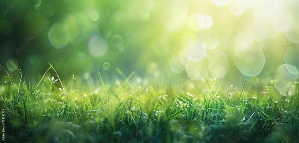 Sticker Serene Morning Dew on Lush Green Meadow