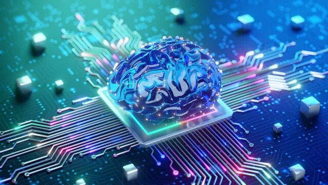 A glowing digital brain sits atop a futuristic circuit board, symboli advanced technology and artificial intelligence.