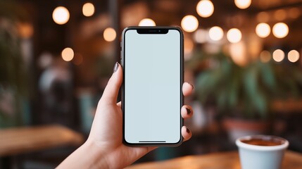 Woman's hand holding a cell phone with a blank screen, showcasing a white screen mockup while working in a cozy coffee shop ambiance, hand, phone, mobile, smartphone, holding, business