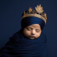 Arab Infant in a Blue Swaddle, Wearing a Golden Crown, Fictional Character Created By Generated AI.