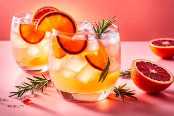 Summer drink. Refreshing soda or alcoholic cocktail with ice, rosemary and blood orange on pastel background.