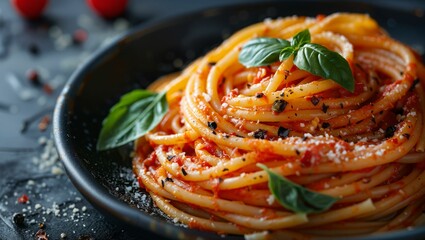 Classic Italian pasta, rich tomato sauce, garnished with basil