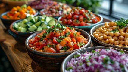 Fototapeta na wymiar Vegan feast, a medley of fresh vegetables, lively and colorful