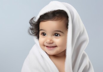 Baby with a Towel over Their Head, Smiling for the Camera, Fictional Character Created By Generated AI.