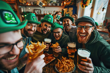 Group of a happy smiling friends celebrating Saint Patrick's Day at home