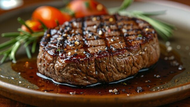 Juicy steak, grill marks visible, upscale restaurant setting