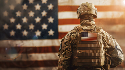 American military soldier against USA flag and copy space background. Memorial day and veterans day banner generative ai