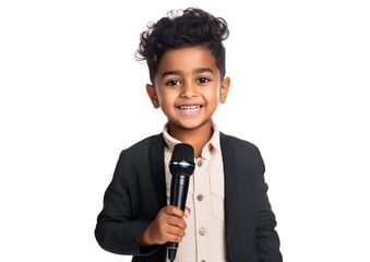 Smiling Young Boy in a Sweater Holding a Microphone