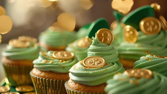 A closeup of a tray of freshlybaked green frosted cupcakes topped with edible gold coins and tiny leprechaun hats ready to be devoured at a St. Patricks Day party.