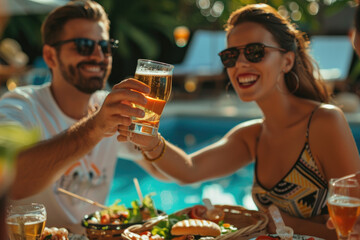 Happy couple toasting with beer at BBQ poolside party