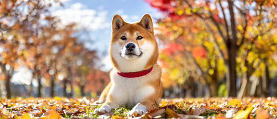 A child Shiba Inu lying down in front of a fallen autumn leaf