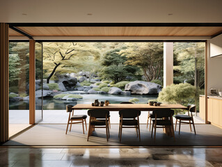 Japanese restaurant with wooden table, chairs, and an open-air zen garden
