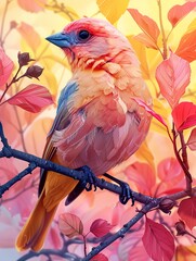 Beautiful colorful bird with flowers with iridescent opalescent colours style