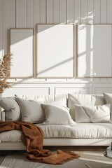 above the sofa is a white wall with empty picture frames in a cozy Art Nouveau living room, light and shadows