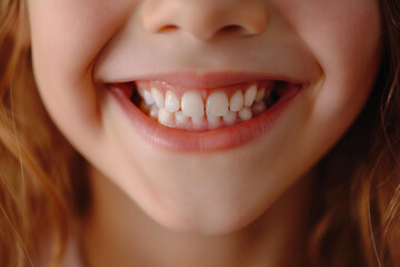 children's smile  close-up with white straight teeth, dental care concept