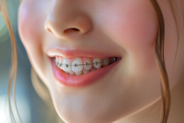 child's smile with braces close-up on straight white teeth