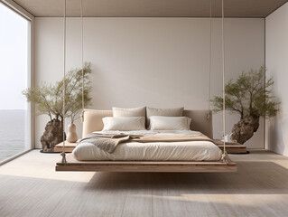 Minimal bedroom with hanging bed and accent pillow