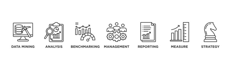 Business intelligence banner web icon illustration concept with icon of data mining, analysis, benchmarking, management, reporting, measure, and strategy