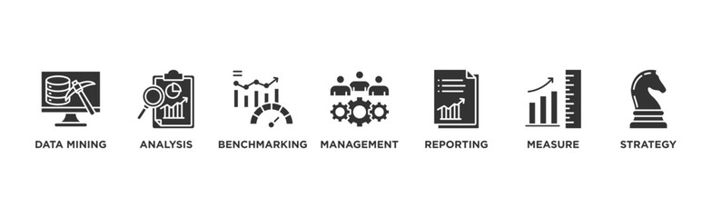 Business intelligence banner web icon illustration concept with icon of data mining, analysis, benchmarking, management, reporting, measure, and strategy