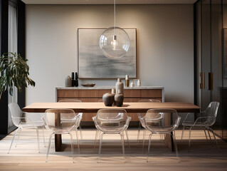 Interior of modern dining room features a wooden table, plastic chairs, and ceiling lamp