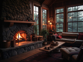 Cozy living room with fireplace, table, sofa, and lamp