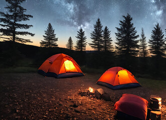 Set up a cozy camping scene with a tent pitched under the starry night sky, illuminated by a warm campfire