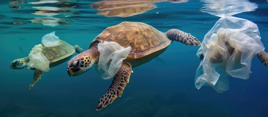 Fotobehang A sea turtle is swimming in the ocean among floating plastic bags. The turtle could mistakenly eat the bags, mistaking them for jellyfish, posing a threat to its health. © TheWaterMeloonProjec