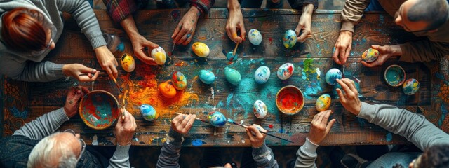 lot of hands painting eggs.  Handmade, preparation for the holiday, happy Easter concert. Seasonal,...