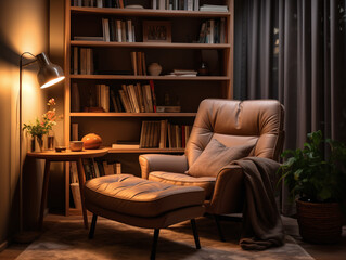 Cozy reading corner featuring a leather armchair, a bookshelf, and a light lamp