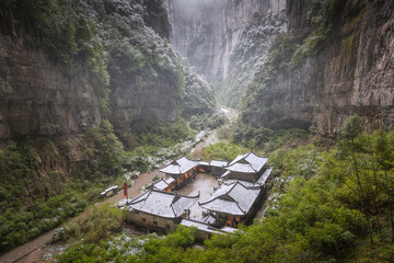 Beautiful View of Wulong Karst National Park in winter covered with snow