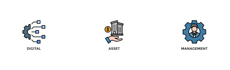 Dam banner web icon illustration concept of digital asset management with icon of binary, automation, processing, design, data, network, and connection	
