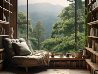 Cozy living room with a large window looking out onto a mountain and a chair