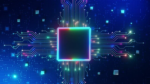 A vibrant neon microchip integrated into a complex digital circuit board, symbolizing high-tech electronics and computing.