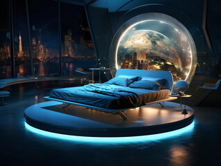 Bedroom of the future with a window shaped like the Earth and a large mirror that offers a view of the night city
