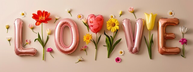 pink inflated, plump ,  three-dimensional in text LOVE with flowers on beige background . Greeting card , seasonal holiday. - obrazy, fototapety, plakaty