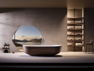 Minimal designed bathroom features a bathtub with a lake view through a large window
