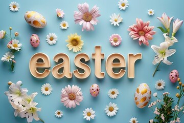 Phrase  Easter with spring flowers and eggs on blue background . Greeting card , seasonal holiday.