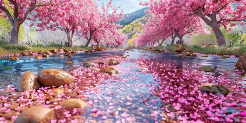 cherry blossoms cover the entire background, clear stream water, no cherry blossoms in the stream water, pebbles in the water, infinite details, rich details, meticulous description, cg rendering - obrazy, fototapety, plakaty