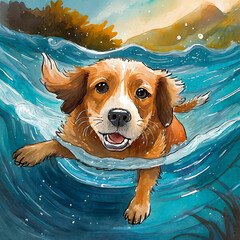수영하는 강아지 - obrazy, fototapety, plakaty