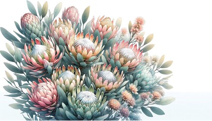 Fototapeta premium Watercolor illustration of Waratah Protea flowers