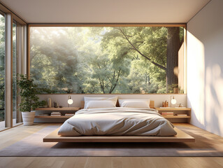 Minimal bedroom design with mattress on floor and large window offering forest views